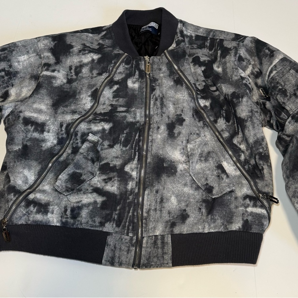 Men’s BEGOING bomber jacket with a gray and black watercolor pattern size M - Picture 11 of 14